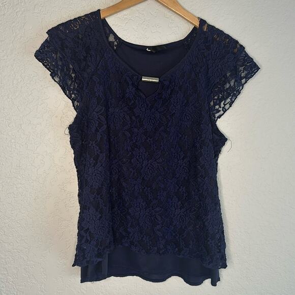Witchy Lace Midnight Blue Top Flutter Sleeve Whimsigoth Goth Fall Halloween - Picture 1 of 5
